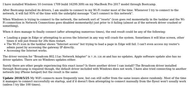 Apple: 2017 MacBook Pro Bootcamp Windows 10 WiFi Crashes System