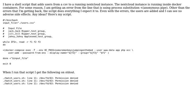 Why am I getting sh: /dev/fd/63: Permission denied process substitution (anonymous pipe)? смотреть онлайн