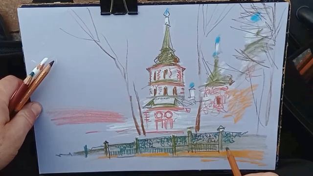 Городская зарисовка пастелью Пленэр Реальное рисование Честное искусство без фото+шопа UrbanSketch