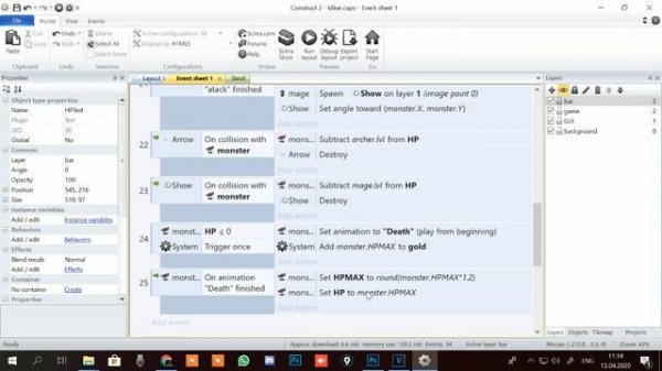 Создаем мобильный кликер на Construct 2 | Часть 3 - ХП бар и урон по монстру