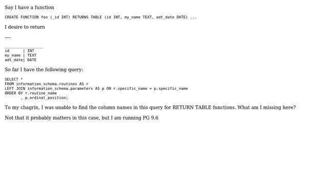 Databases: Where are the RETURN TABLE columns in the information schema? смотреть онлайн
