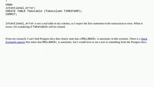 Dba: Is ROLLBACK; on error automatic in a basic PostgreSQL DDL script (BEGIN; STATEMENTS; COMMIT;)? смотреть онлайн