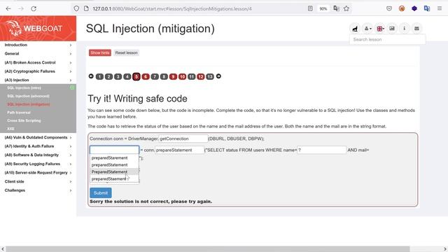 WebGoat SQL Injection (mitigation) смотреть онлайн
