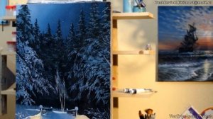 Oil Landscape Painting - Night Winter / Easy Art / Зимний пейзаж маслом. Уроки рисования. Живопись