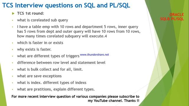 TCS interview questions and answers on Oracle SQL and PL/SQL смотреть онлайн