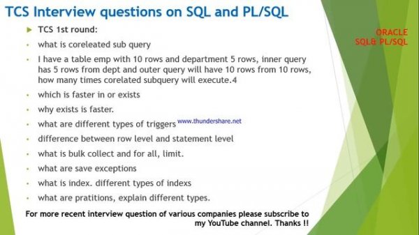 TCS interview questions and answers on Oracle SQL and PL/SQL