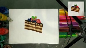 Рисуем шоколадный кусочек торт с ягодами красками гуашь.