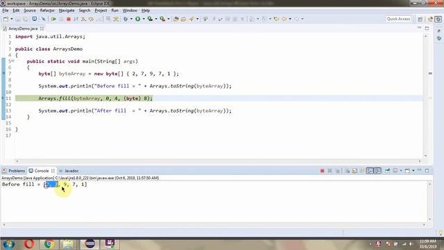 How to use fill(byte[] a, int fromIndex, int toIndex, byte val) method of Java.util.Arrays Class? смотреть онлайн