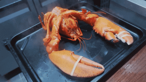 Омар на гриле с маслом, сашими из лобстера, жареное морское ушко