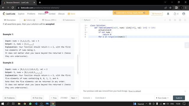 27. Remove Element | Leetcode | Python смотреть онлайн