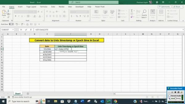 Convert date to Unix timestamp or epoch time in Excel