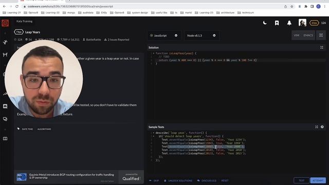 Codewars. Решение задач. JavaScript. 7kyu. Leap Years. Проверка на високосный год смотреть онлайн