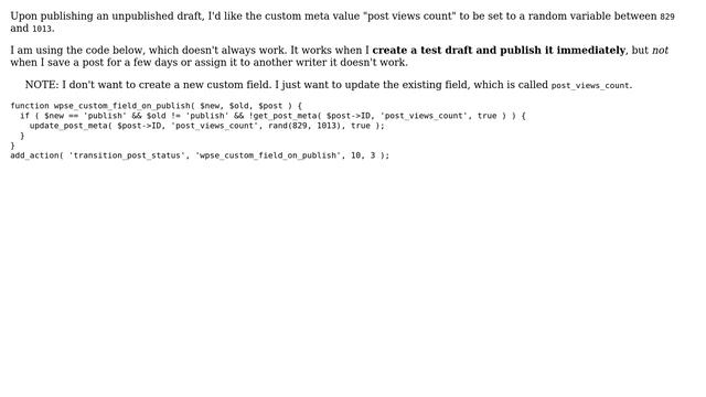 Wordpress: Setting post meta data to random value during post status transition / on publish смотреть онлайн