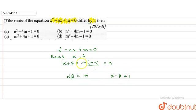 If the roots of the equation x^(2) - nx+ m = 0 differ by 1 then | 12 | POLYNOMIAL,QUADRATIC EQUA... смотреть онлайн