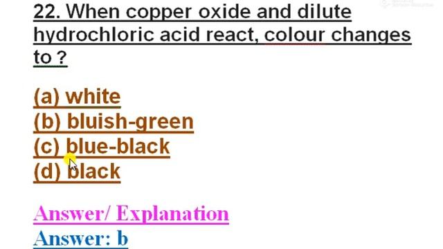 When copper oxide and dilute hydrochloric acid react, colour changes to ? || acids bases salts || смотреть онлайн