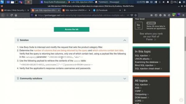SQL injection UNION attack, retrieving multiple values in a single column practice