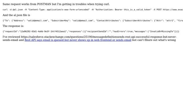 Salesforce: curl post request to marketingcloud REST API is returning InvalidOrMissingTo смотреть онлайн