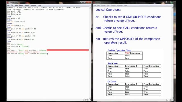 Python Tutorial v3.2.5 Lesson 7.2 - Logical Operations (And, Or, Not) смотреть онлайн