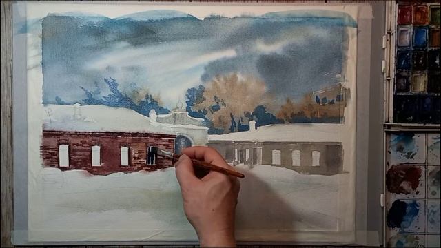 Юрьев Монастырь, Великий Новгород. После снегопада. Рисуем акварелью смотреть онлайн