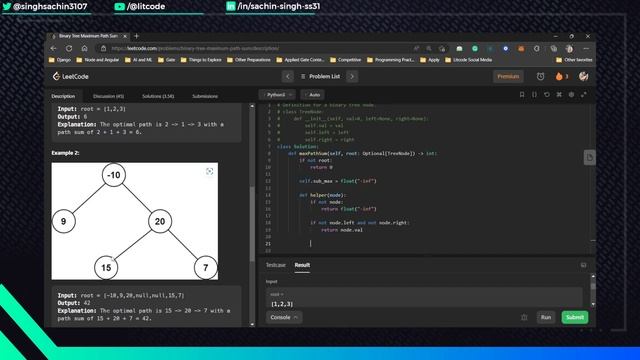Leetcode 124. Binary Tree Maximum Path Sum - Python Solution смотреть онлайн