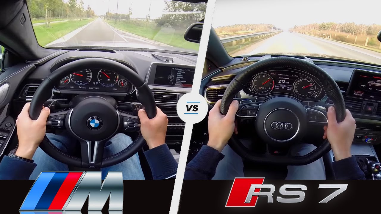 BMW M6 против Audi RS7 - звук ускорения и POV - Gran Coupe против Sportback. смотреть онлайн