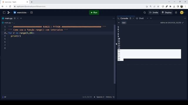 Função range() com intervalos em Python. смотреть онлайн