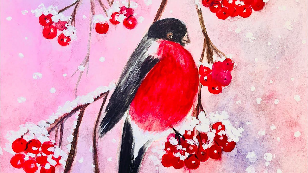Как нарисовать акварелью снегиря. #Снегирь_красками #уроки_рисования