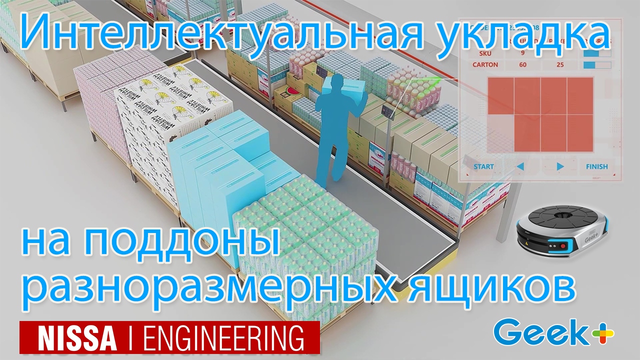 Интеллектуальная укладка на поддоны разноразмерных ящиков с помошью роботов Geek+ смотреть онлайн