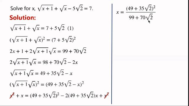 Solve for x, sqrt(x+1)+sqrt(x)-5sqrt(2)=7. Using two methods. смотреть онлайн
