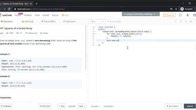 Squares of a Sorted Array in C++ смотреть онлайн