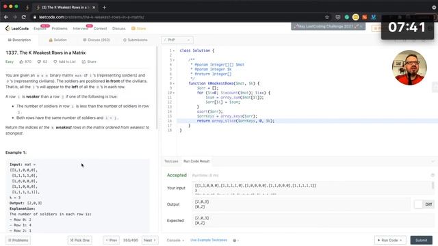 The K Weakest Rows in a Matrix - LeetCode #21 - PHP смотреть онлайн