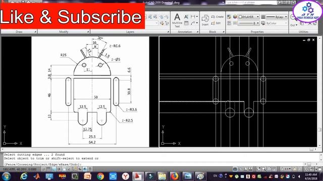 Android Shape Design |2D|AutoCad in Hindi 2018|Chapter-45 | Drawing-38 (Example-38) | смотреть онлайн