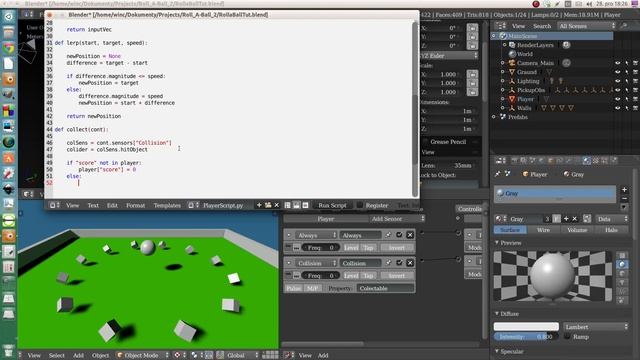 BGE Roll-a-Ball [04] - collecting + camera movement смотреть онлайн