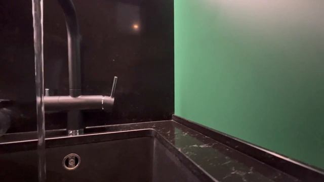 ИНТЕРЬЕР КУХНИ В ИЗУМРУДНОМ ЦВЕТЕ СО ШПОНОМ ДУБА.ИНТЕГРИРОВАННЫЕ РУЧКИ, ДЕРЕВО И КВАРЦЕЛАН. смотреть онлайн