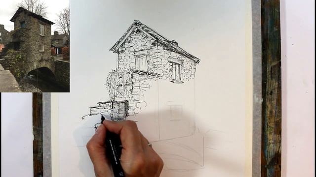 Drawing Bridge House in Ambleside using a Uni Pin Fine Liner size 0.5 and adding some watercolour. смотреть онлайн