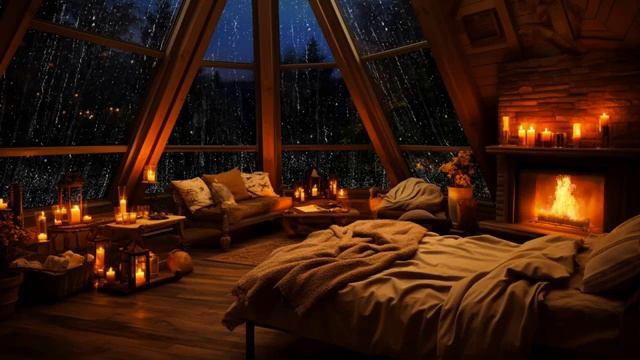 Cozy Attic Room With Rain On Window In The Forest & Cozy Fireplace To Sleep & Relaxation