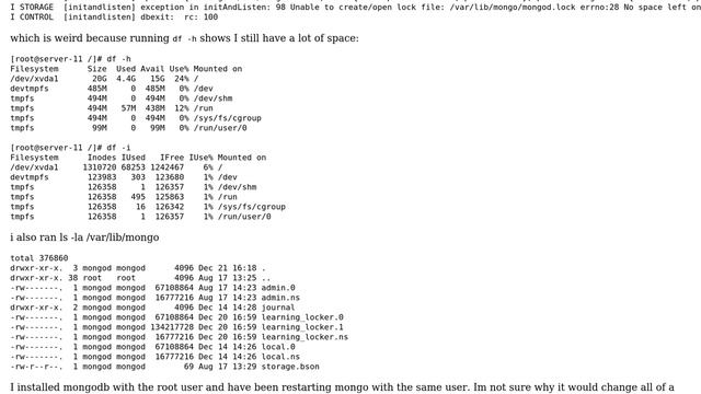 MongoDB not starting: Unable to create/open lock file No space left on device Is a mongod... смотреть онлайн