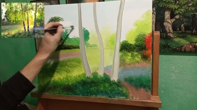 "Березы рассвет"как писать березы маслом часть#1 смотреть онлайн