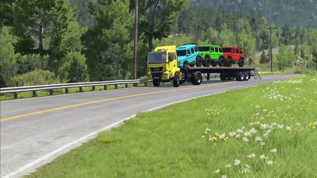 Flatbed Trailer Truck Potholes Transport Car Portal Trap Rescue - Cars Vs Speed Bumps - BeamNG.driv