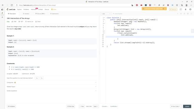 LeetCode 349 | Intersection of Two Arrays | HashSet | Java смотреть онлайн
