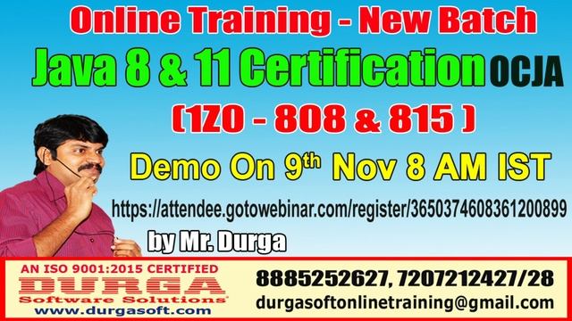 Java Certification 8 & 11 OCJA (1Z0 - 808 & 815 ) Online Training by Durga sir on 9th Nov @ 8 AM IS смотреть онлайн