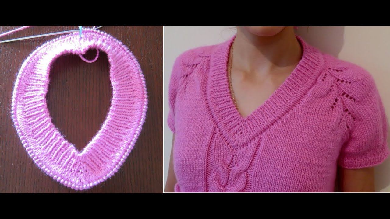 V-образная горловина резинкой 1х1 спицами сверху (начало). смотреть онлайн
