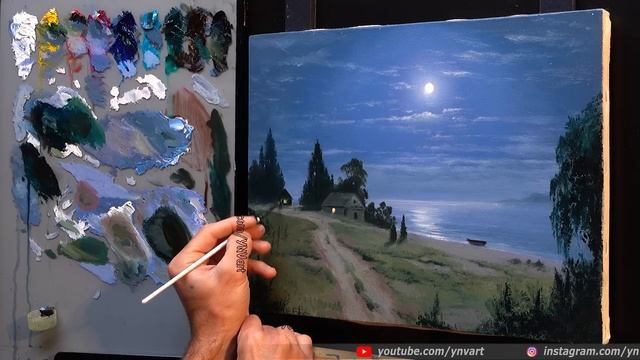 Аcrylic Landscape Painting - Full Moon Sea / Easy Art / Drawing Lessons Palette / Relaxing / Море