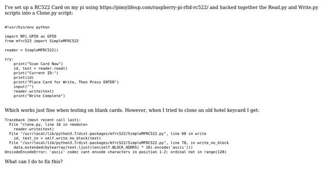 Raspberry Pi: RFID RC522 Clone Script Unicode Error смотреть онлайн