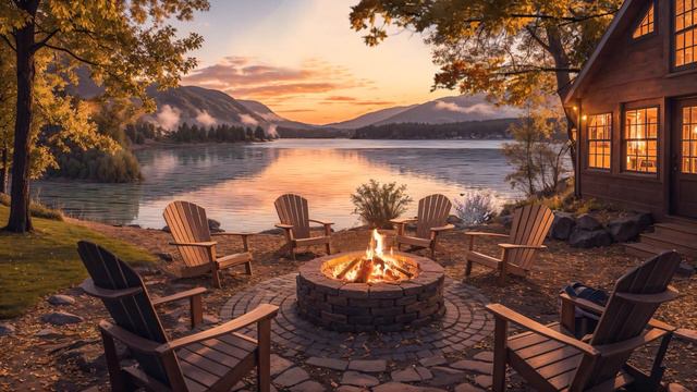 Cozy Autumn Lakeside Ambience 🍂 Campfire  Sound +Nature Sounds With Gentle Water Sound Relax, Sleep