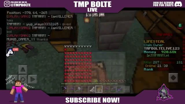 MINECRAFT LIFESTEAL PUBLIC SMP LIVE WITH SUSCRIBER ♥️ | JAVA+PE SERVER | TMP BOLTE LIVE смотреть онлайн