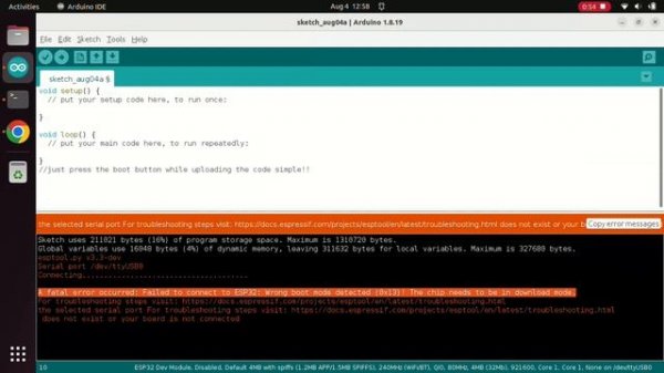 A fatal error occurred: Failed to connect to ESP32: Wrong boot mode detected (0x13)!