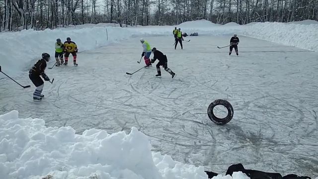 Пруд на даче зимой. Коньки
