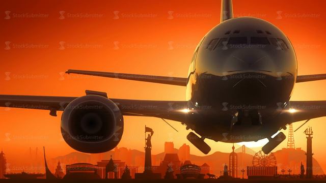 Vladivostok Russia Airplane Take Off Skyline Golden Background смотреть онлайн