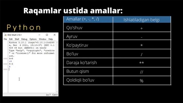 Python dasturlash tili | 3. Python dasturlash tilida ma'lumot turlari, Raqamlar ustida amallar. смотреть онлайн